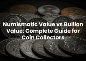 Coins showing various denominations and designs on a dark background.