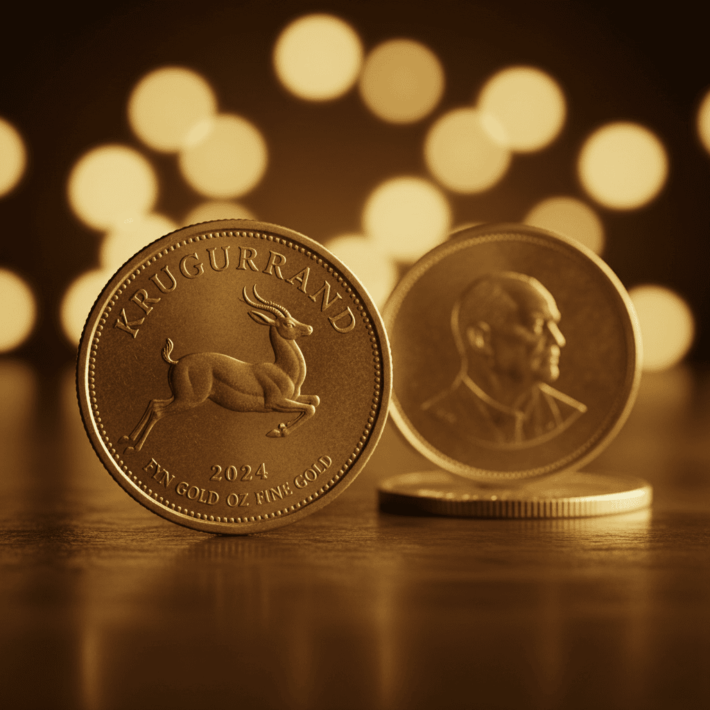 A close-up of a South African Gold Krugerrand coin featuring a springbok. Title: South African Gold Krugerrand Coin