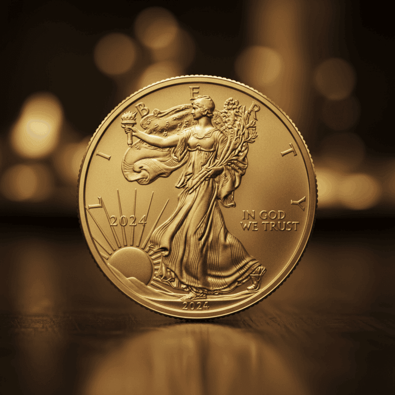 A close-up of an American Gold Eagle coin, showcasing Lady Liberty