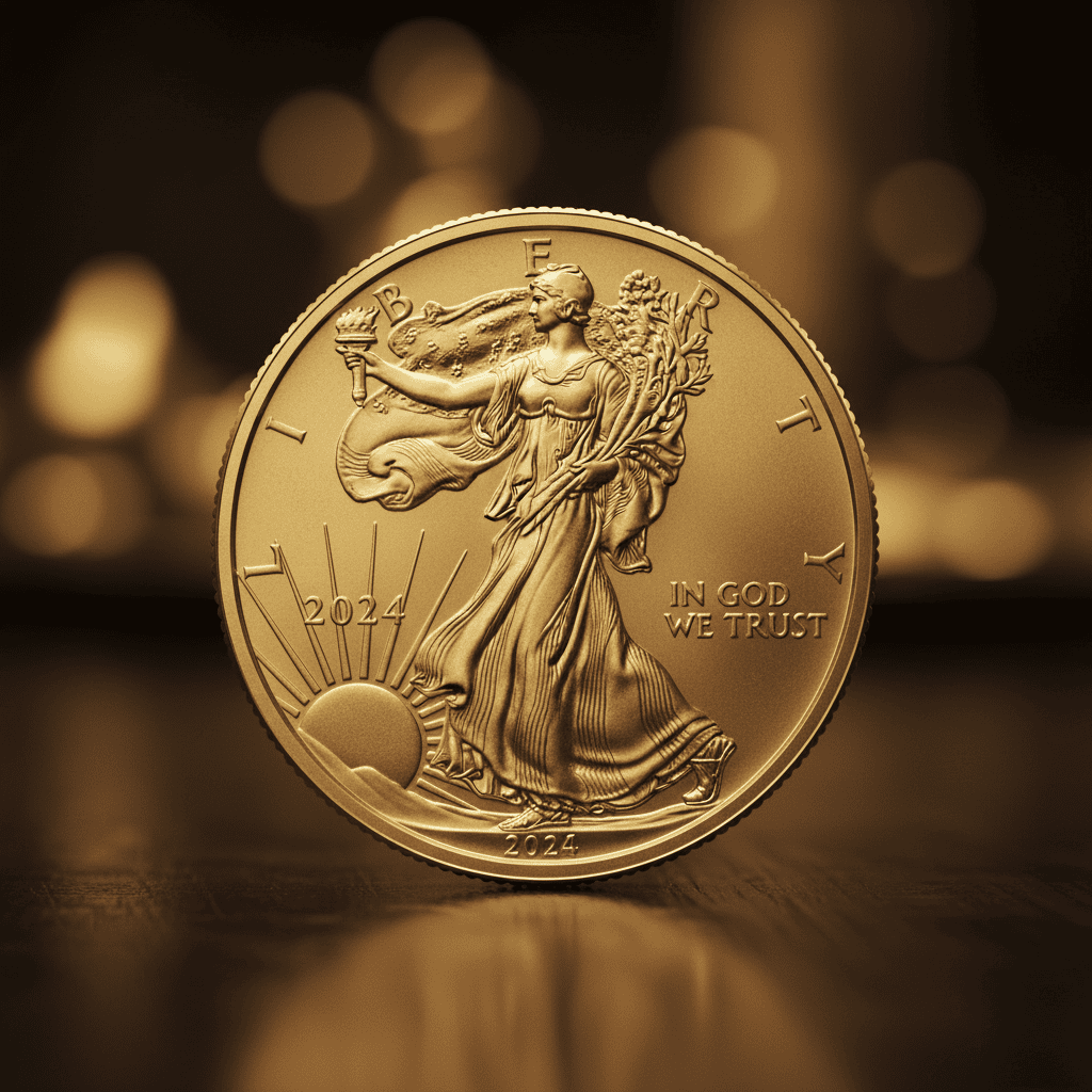 A close-up of an American Gold Eagle coin, showcasing Lady Liberty
