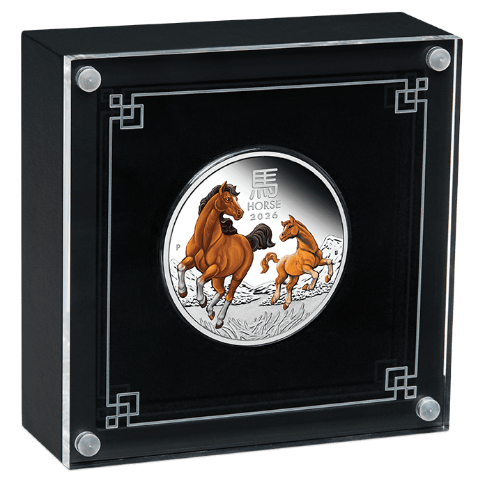 Horse 2026 silver collectible coin in display case with engraved horse design and Chinese character.