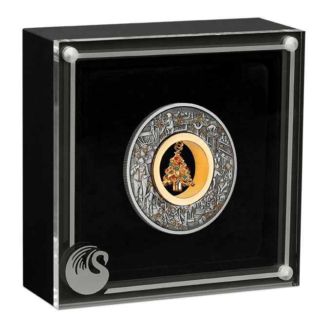 1974 Germany Christmas Tree Pendant Coin in a display case with decorative border and holiday motifs.