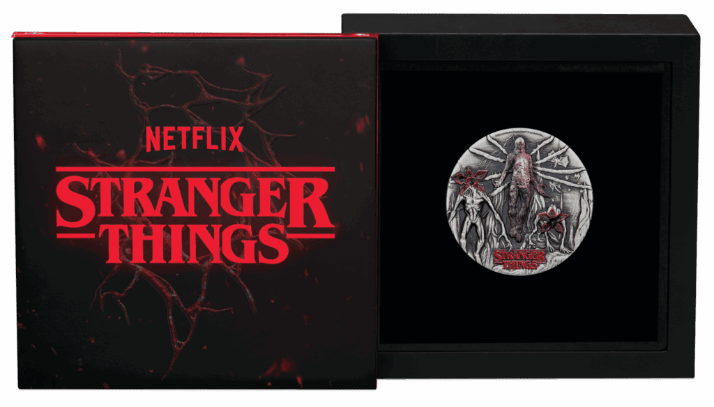 Netflix Stranger Things limited edition collectible coin in a display case.
