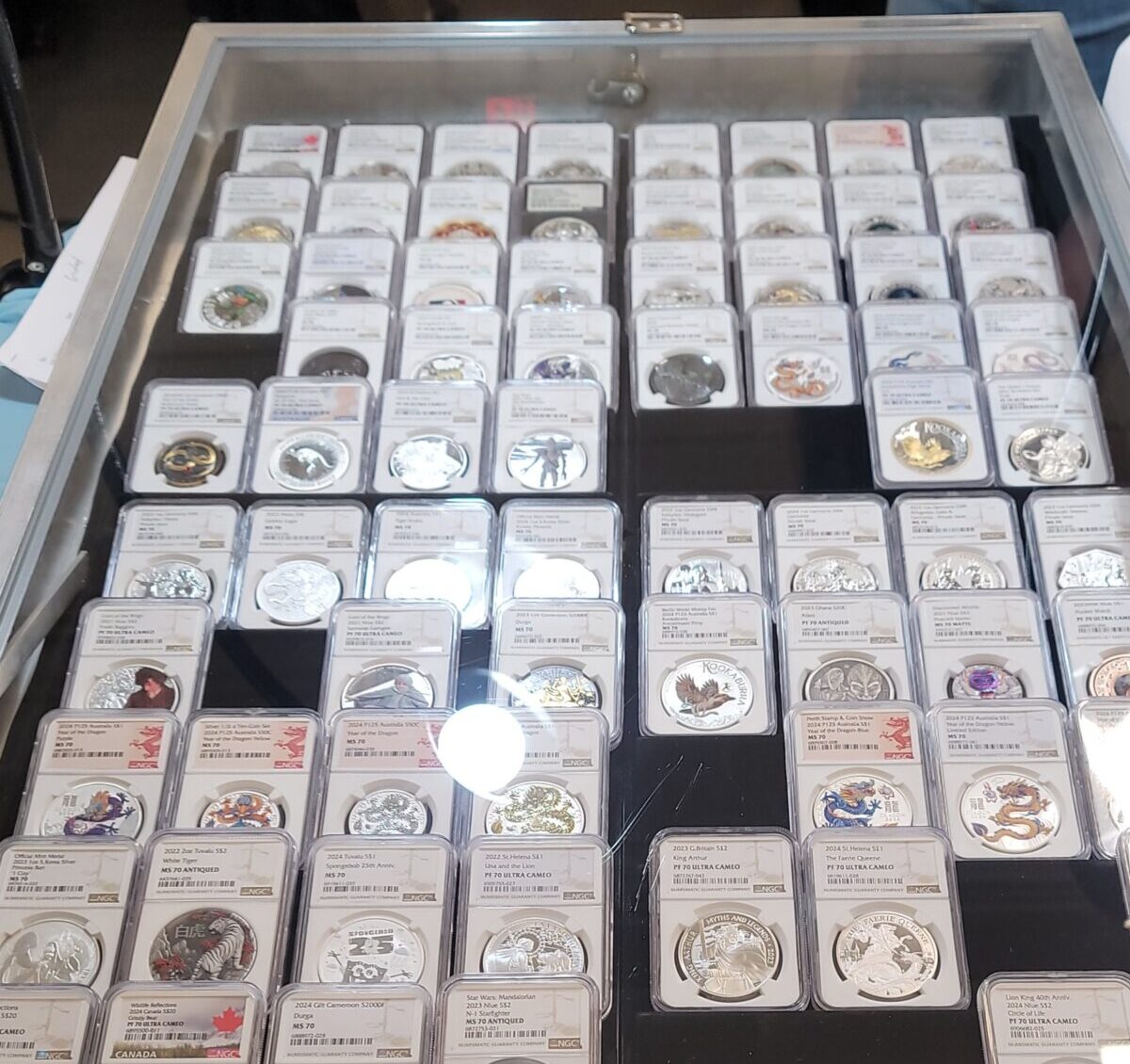 An overhead view of a wooden display table holding multiple rows of numismatic supplies, containing various collectible coins.