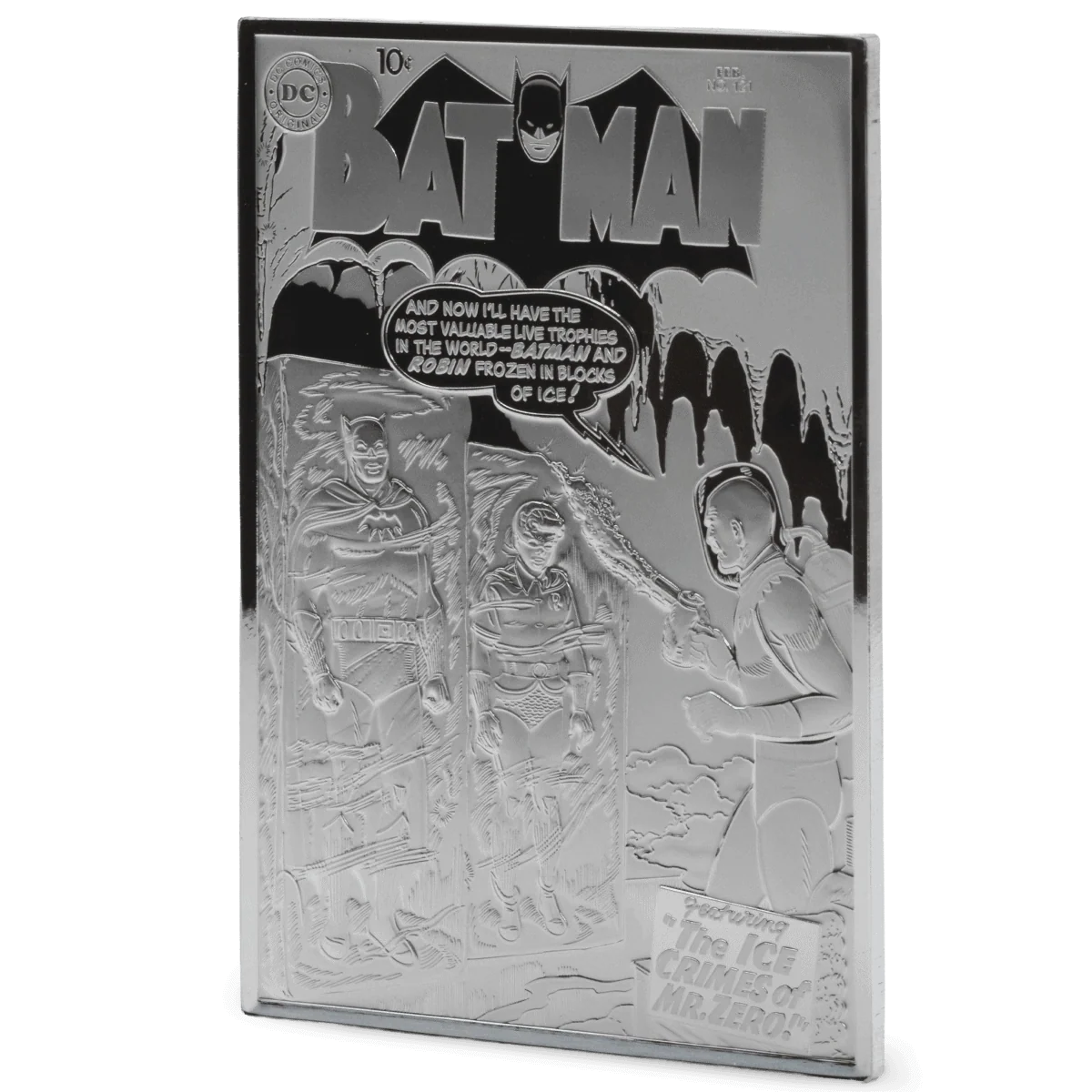 Shiny silver coin featuring Batman and Robin in a comic style with icy background and speech bubble.
