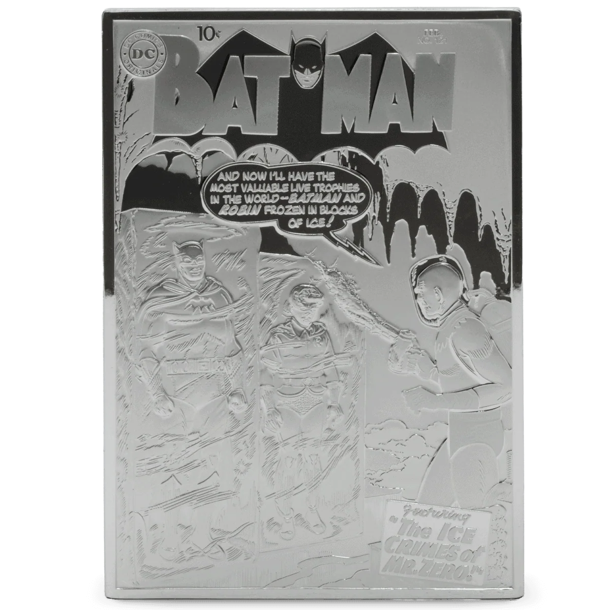 Batman 90th anniversary silver coin featuring classic comic book cover art.