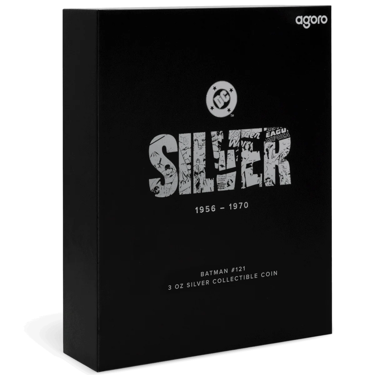 Silver collectible coin packaging featuring Batman theme from 1956-1970, 3 oz silver; DC Comics logo.