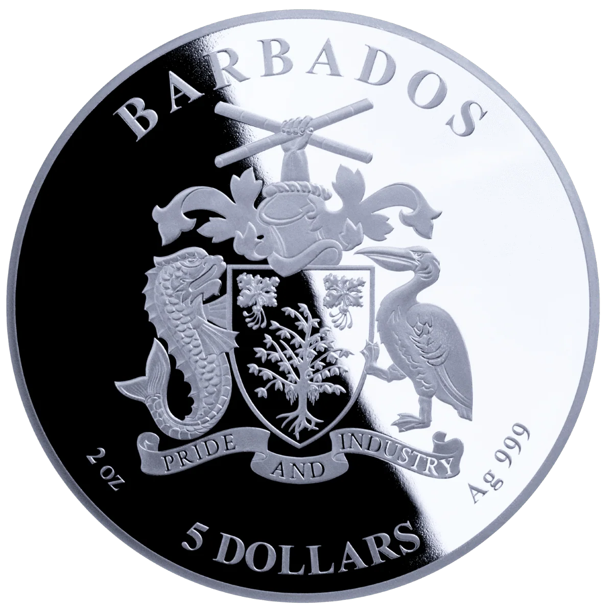 Shiny silver coin featuring the Barbados coat of arms and denomination of 5 dollars.