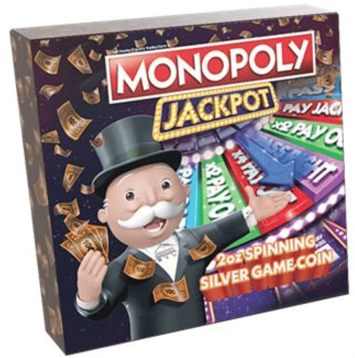 Stacks of Monopoly Jackpot game coins with the Monopoly mascot holding money, emphasizing fun and winning.
