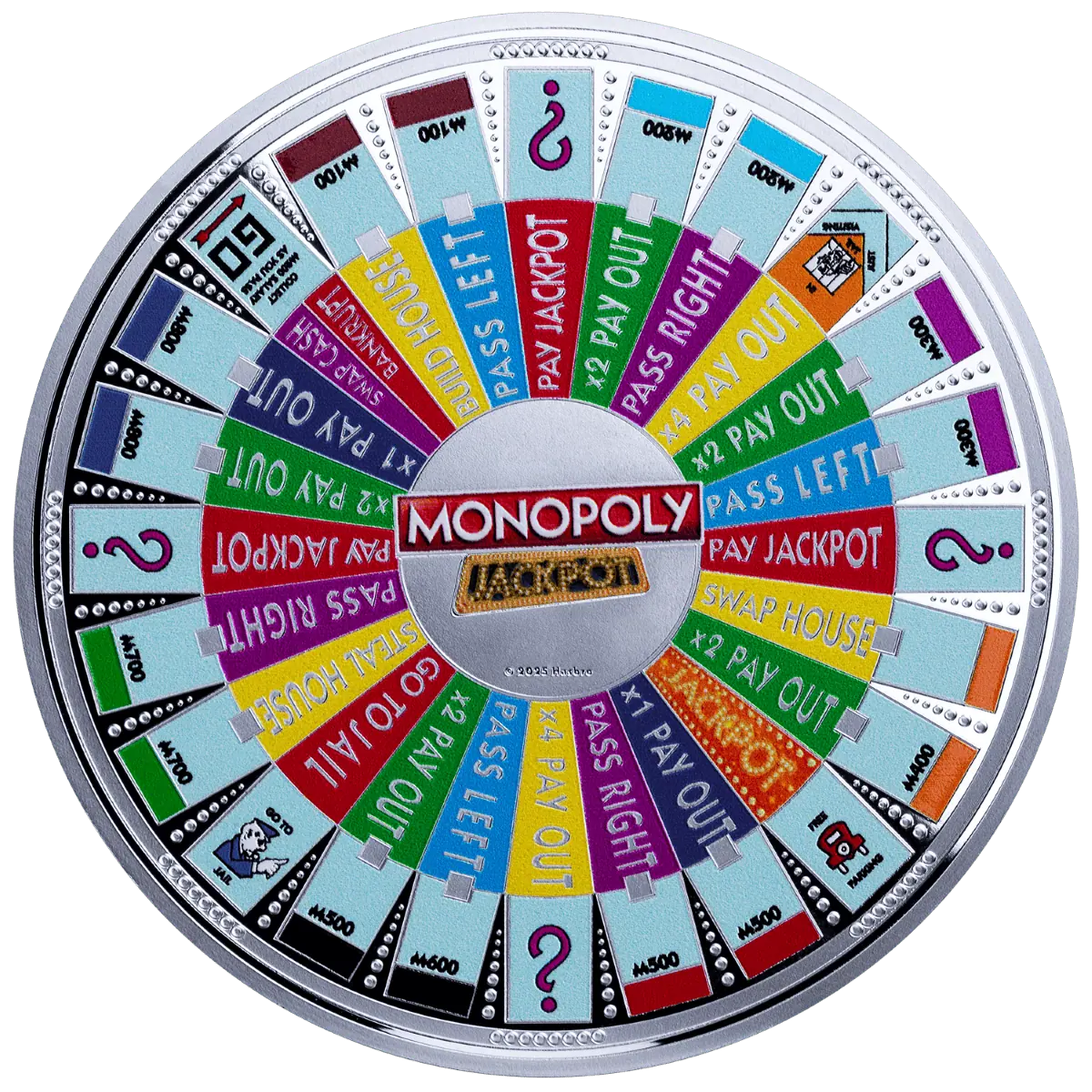 Board game with Monopoly-themed wheel for gambling and entertainment purposes.