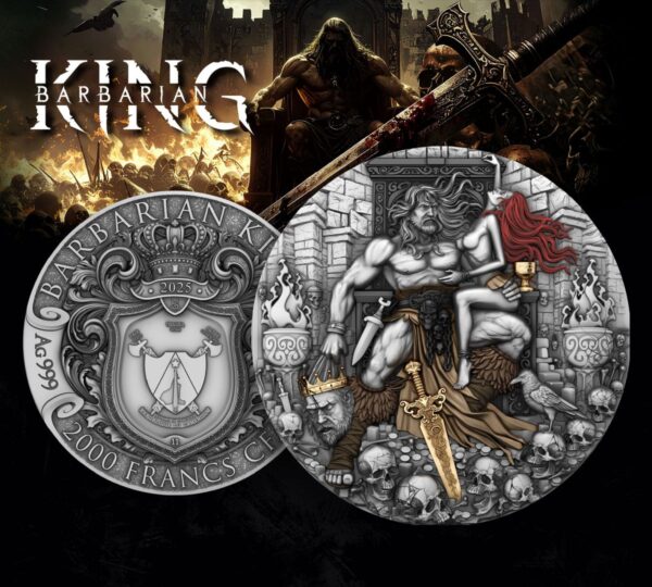 Intricately designed 2025 Cameroonian collectible coin featuring a fierce Viking warrior with long flowing hair, surrounded by skulls, swords, and ancient symbols, celebrating barbarian king history.