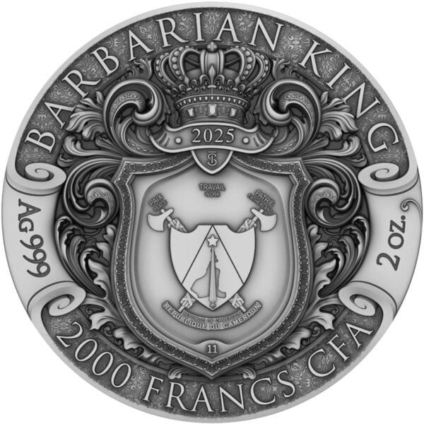 A2023 Cameroon 2000 Francs silver coin with a detailed coat of arms, crown, and intricate engravings highlighting national symbols and year 2025.