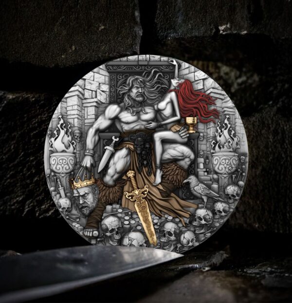 Ancient fantasy-themed collectible coin featuring a muscular warrior with a sword and a red-haired woman sitting on his lap, surrounded by skulls, flames, and medieval elements, with intricate detailing.