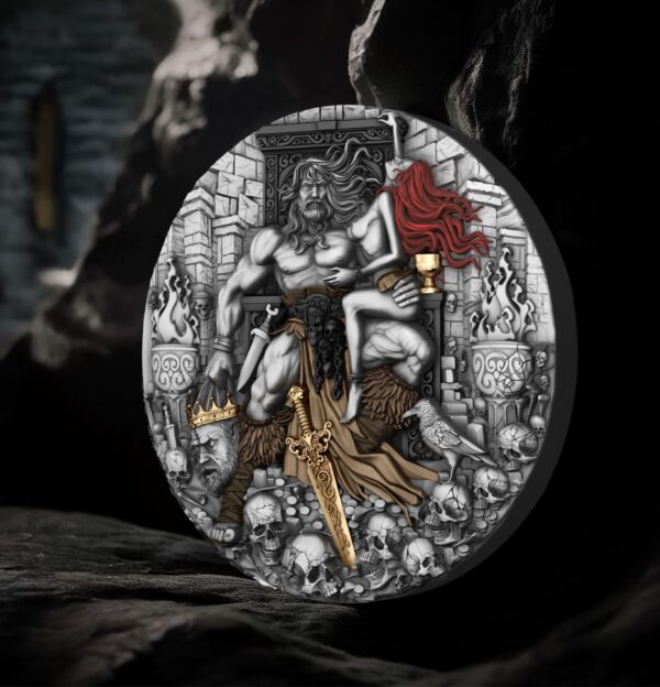 Ancient Viking-themed collectible coin featuring a detailed engraved scene with a warrior and Valkyrie, surrounded by skulls and weapons, with intricate background and symbolic elements.