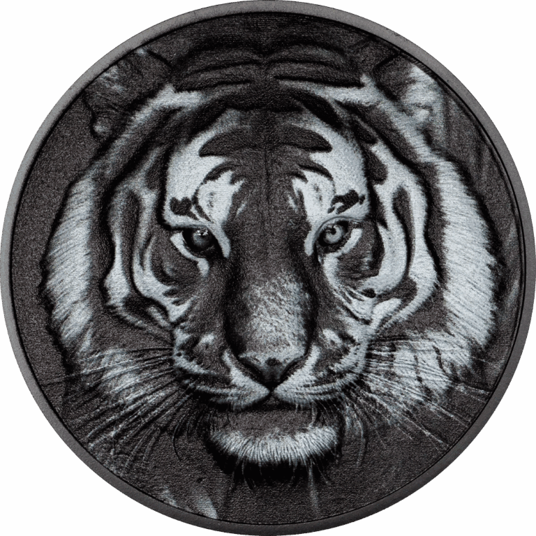 Radiant tiger design in black and white on 1 oz silver coin from Cook Islands.