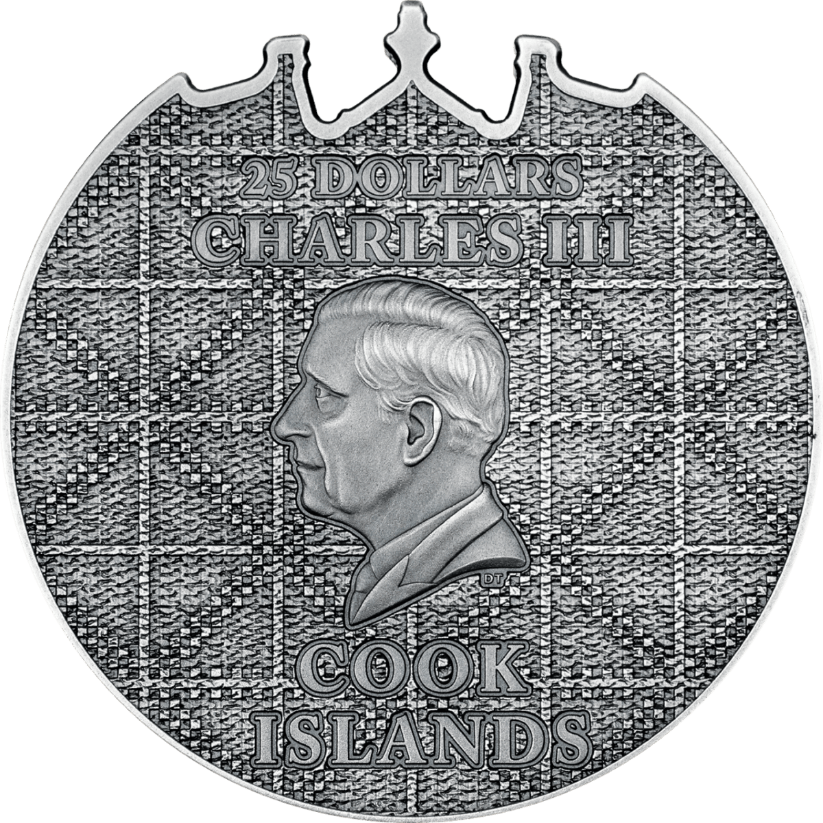 Intricate silver coin featuring Charles III's profile, Ruthenium Antiqued Finish, with detailed Scottish tartan pattern background.