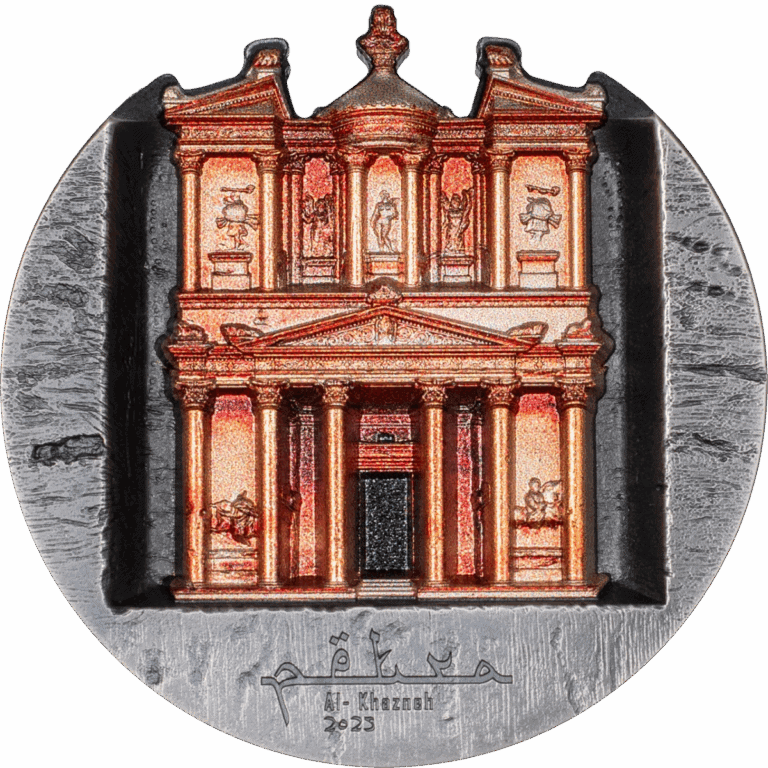 Intricate 5 oz silver antiqued proof coin featuring Petra's Al Khazneh temple in the Cook Islands collection.