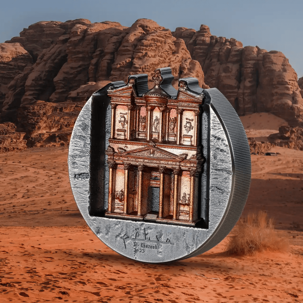 Rose City Petra 5 oz silver antiqued proof coin with intricate architectural design in front of desert landscape.
