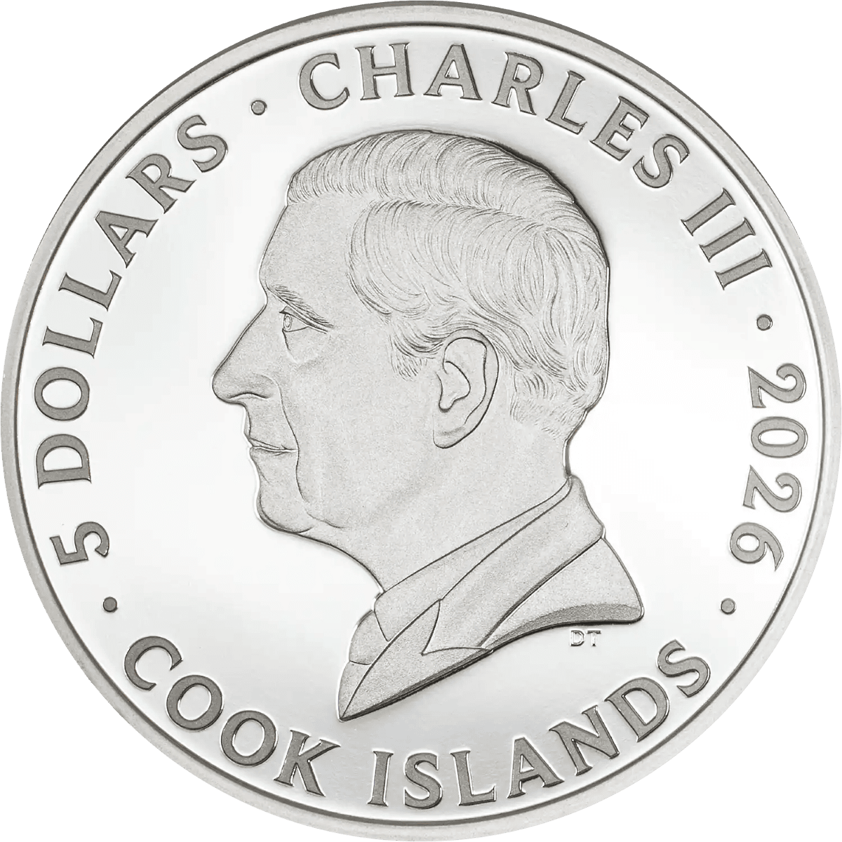 Intricate close-up of 2025 Cook Islands silver coin featuring King Charles III profile.