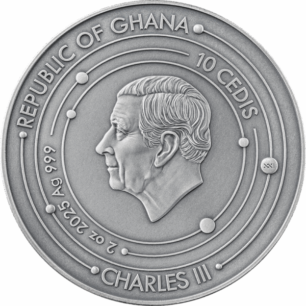Ghana 10 Cedis coin featuring Charles III, commemorative currency from the Republic of Ghana.