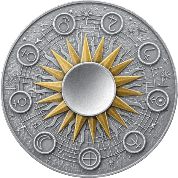 Shiny silver and gold zodiac coin with astrological symbols and a sun design, symbolizing astrology and celestial guidance.