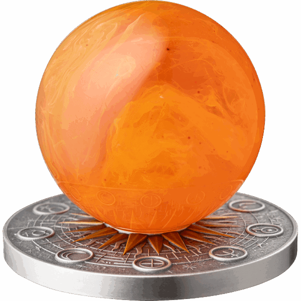 Vibrant orange marble sphere on metallic stand, fantasy design, collectible art piece.