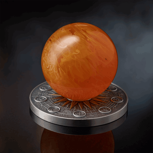 Polished orange marble orb on metallic zodiac wheel stand, mystical gemstone decor, luxury craftsmanship, celestial theme.
