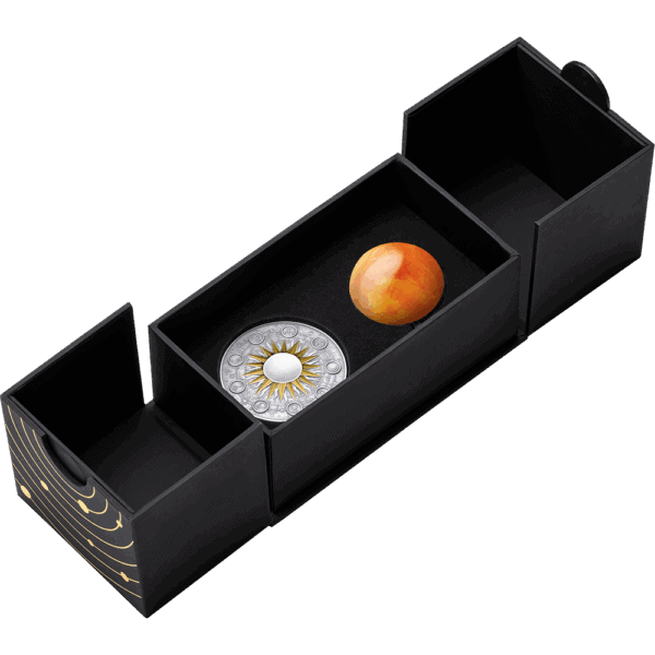 Elegant black gift box containing a luxury planet Mars and a zodiac-themed decorative item, perfect for high-end astrology and celestial-themed presents.