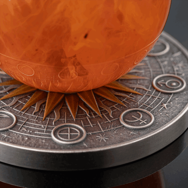 Orange glass with astrology symbols on a zodiac-themed brass disc, perfect for astrology enthusiasts.