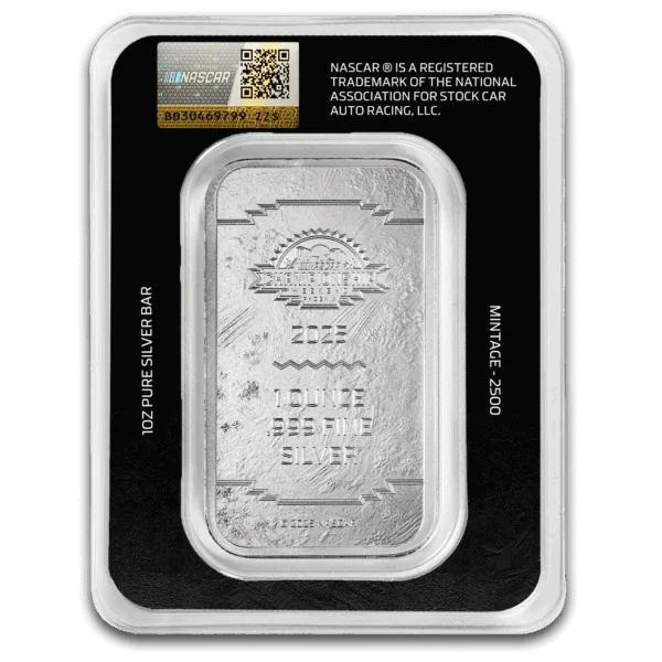Silver bar featuring NASCAR Championship branding and 1 oz weight details.