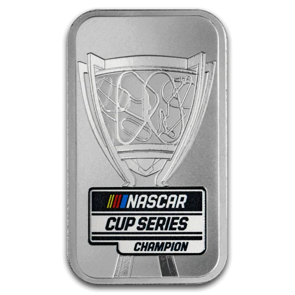 NASCAR Cup Series champion trophy silver medal, racing sports memorabilia, award recognition.