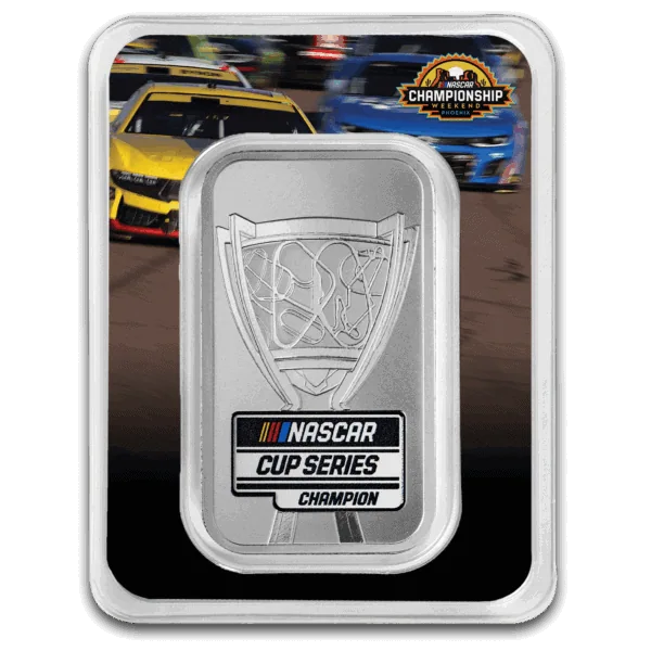 NASCAR Cup Series champion silver bar with racing cars in background.