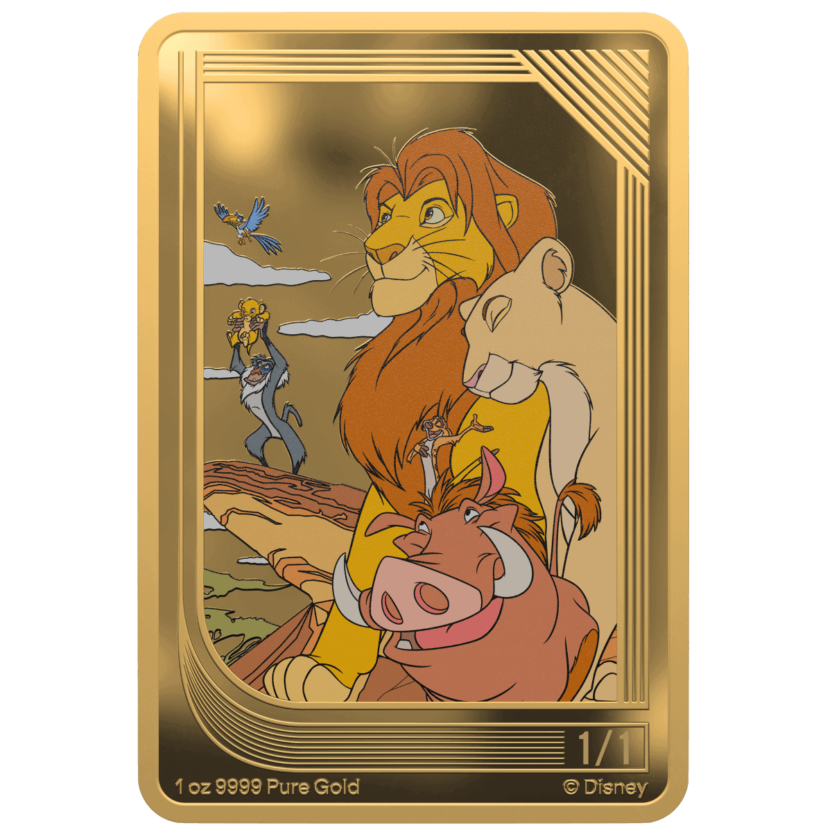 Lion King characters illustrated on a luxury gold NFT card for Disney fans.