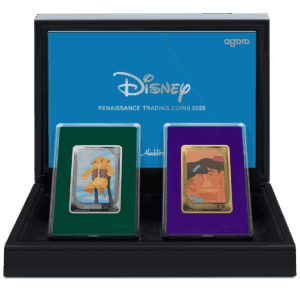 Renaissance Disney trading coins 2025 set in black display case.