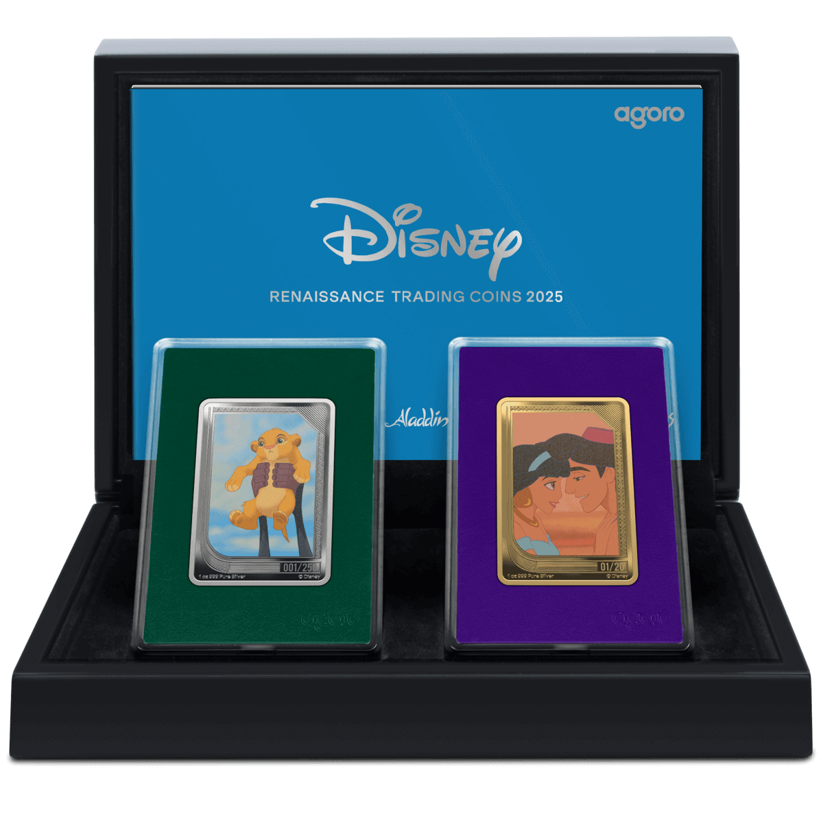 Renaissance Disney trading coins 2025 set in black display case.