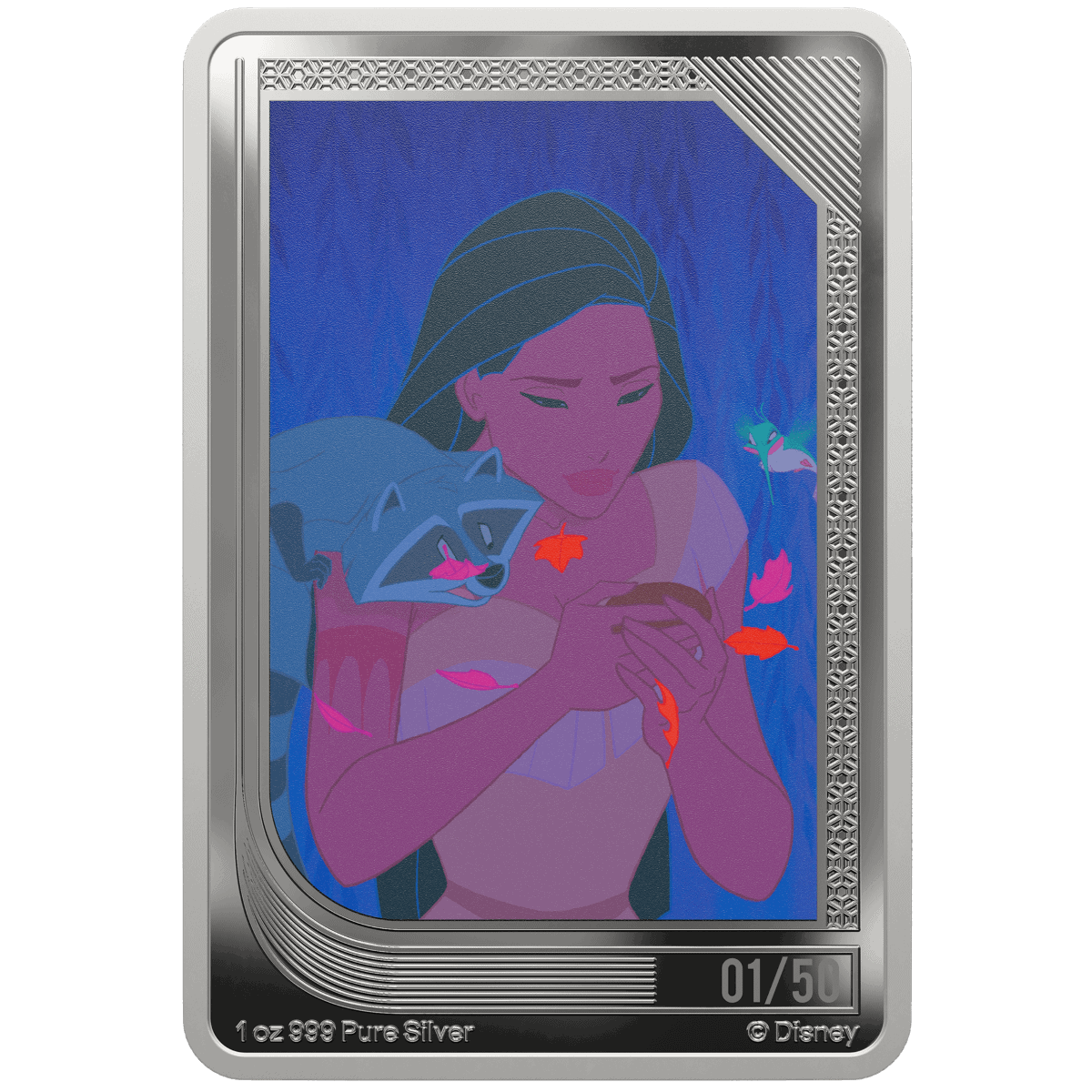 Shimmering silver collectible card featuring Disney's Pocahontas with raccoon by her side, surrounded by colorful leaves and falling autumn foliage.