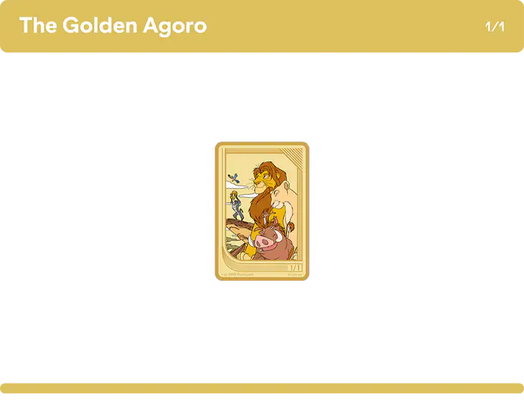 Vibrant Disney's The Lion King Agoro trading coin from 2025, sealed in a mystery box with gold reserve quality.