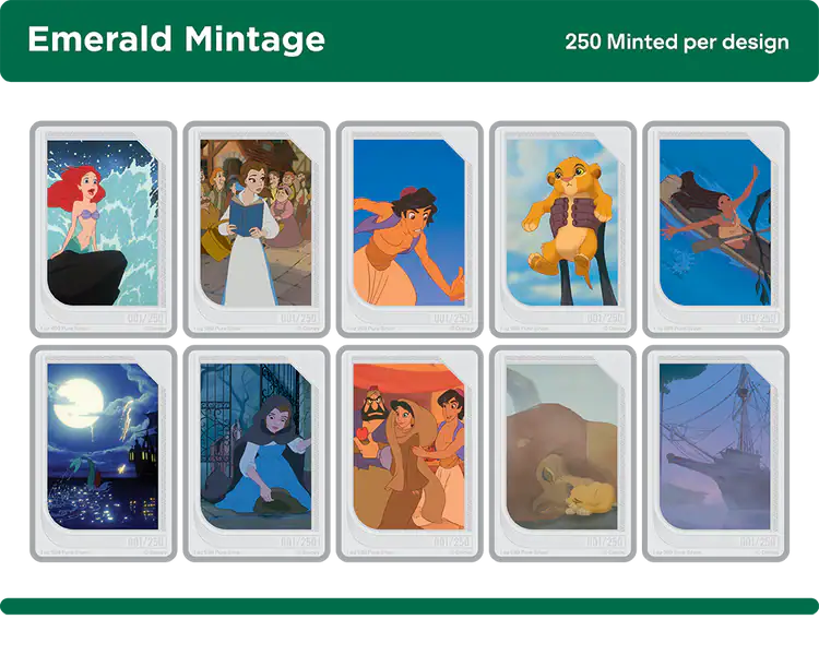 Vibrant Disney Renaissance trading coins sealed box featuring 10 characters and scenes from classic animated films, encased in a green and white pouch.