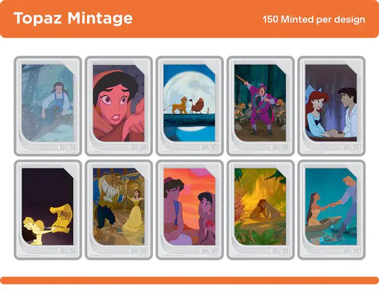Shiny gold Niue Agoro Disney Renaissance trading coin sealed box with vibrant orange label.