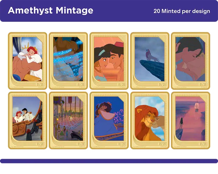 Shiny purple Disney Renaissance trading coin sealed box with Agoro Niue 2025 design, featuring beloved animated characters.