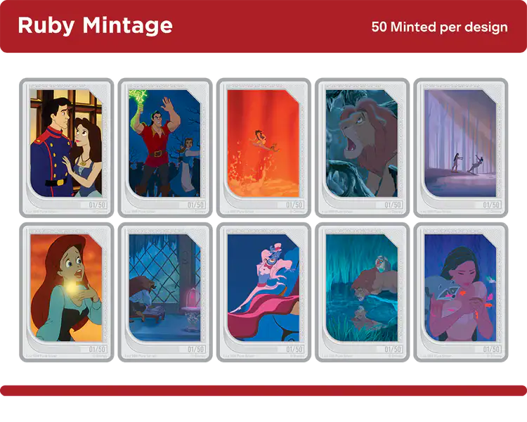 Colorful Disney Renaissance trading coins sealed box featuring iconic characters and scenes from classic animated films.