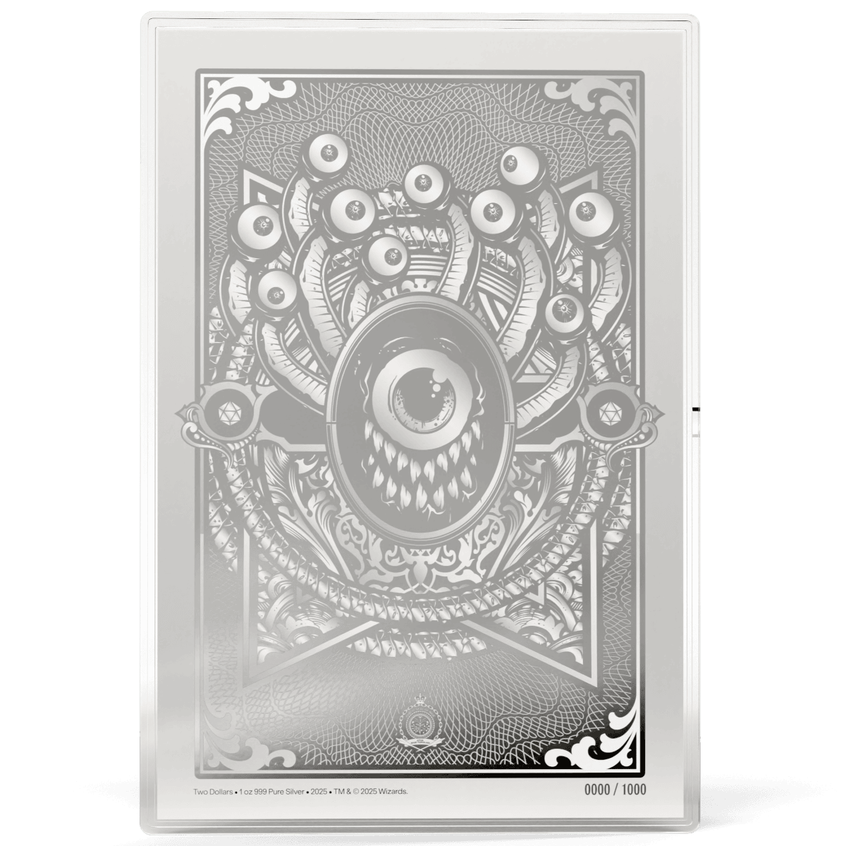 Intricate silver collectible coin featuring a single eye surrounded by a monstrous, eye-filled design, issued in 2025, inspired by Wizards, with detailed engraving and limited edition numbering.