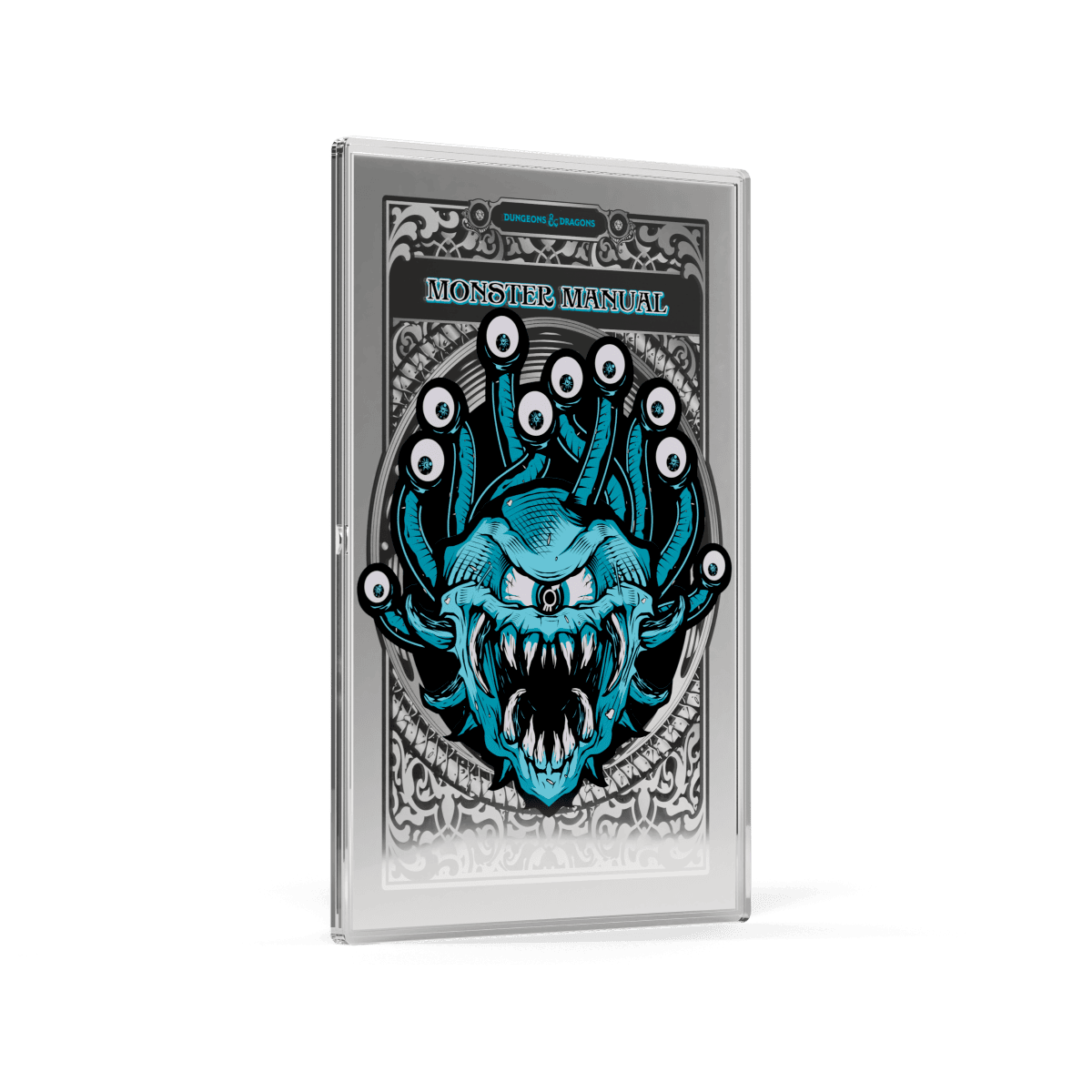 Intricate Dungeons & Dragons Monster Manual cover featuring a menacing blue multi-eyed monster with sharp teeth on a silver case.