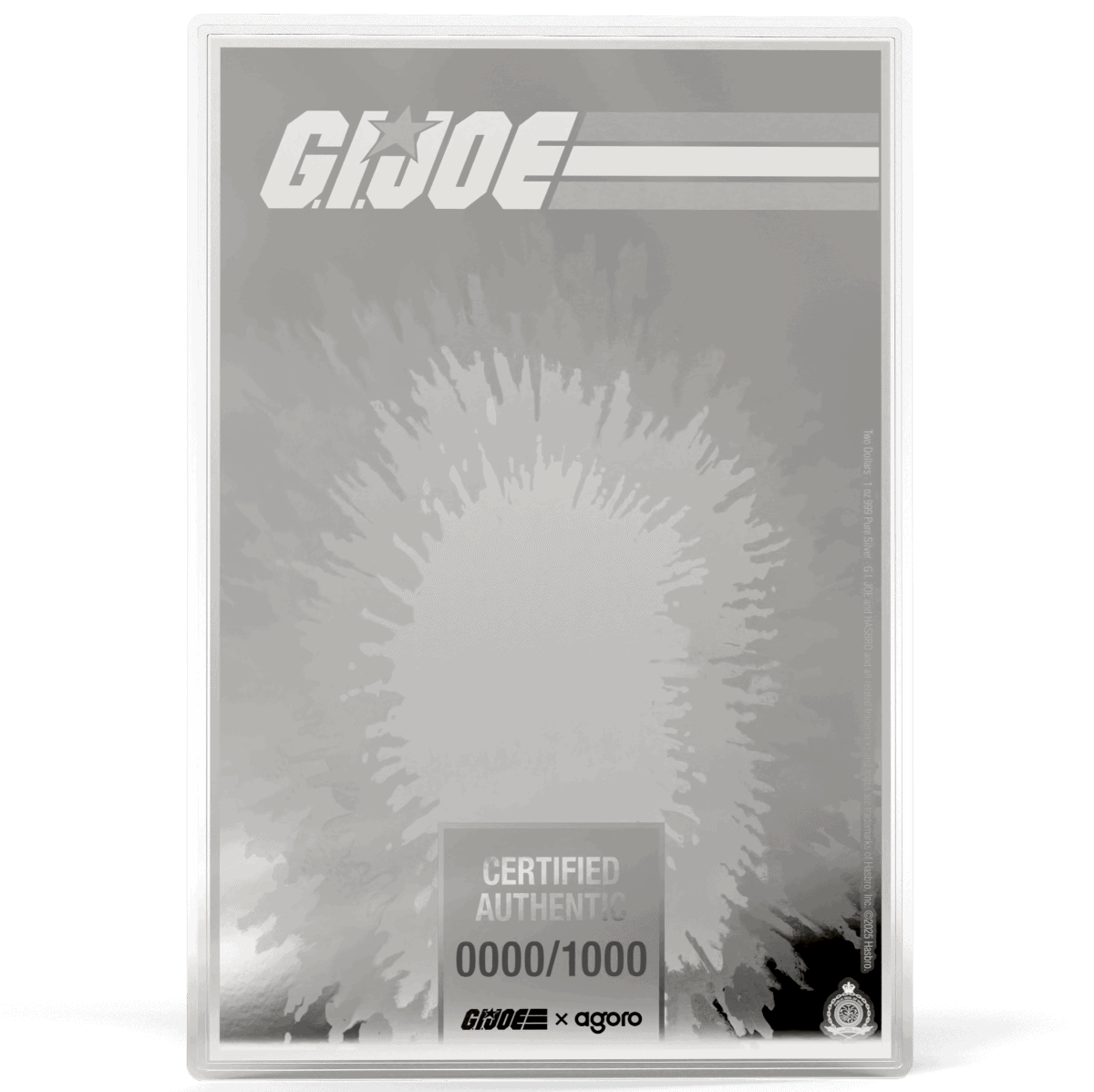 G.I. Joe collectible coin, 2023, limited edition, silver, G.I. Joe and Hasbro collaboration, serial number 0000/1000, engraved with G.I. Joe logo and military emblem, housed in transparent protective case.