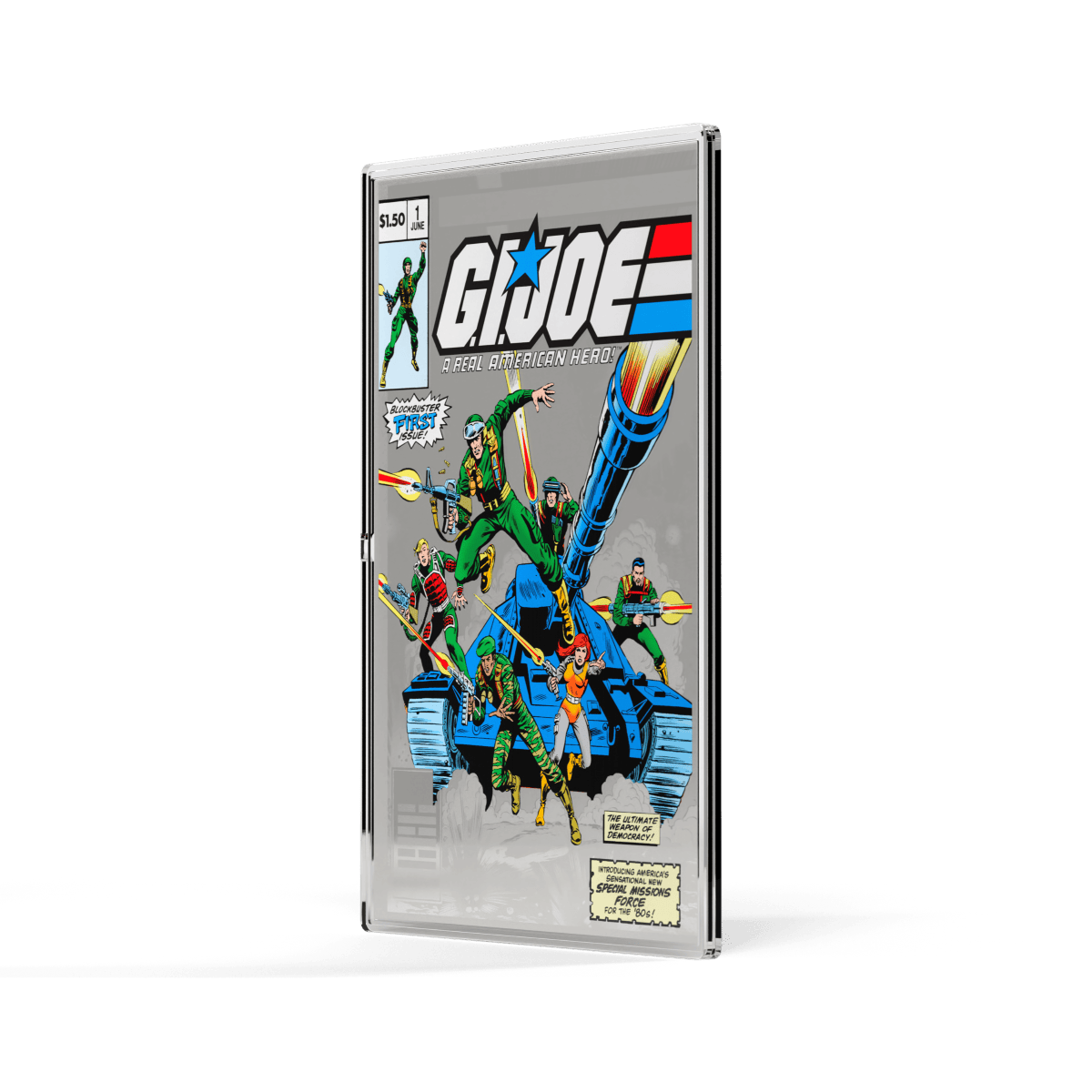 G.I. Joe comic book cover on collectible slab with vibrant comic characters and bold graphics, emphasizing American heroism and vintage comic appeal.