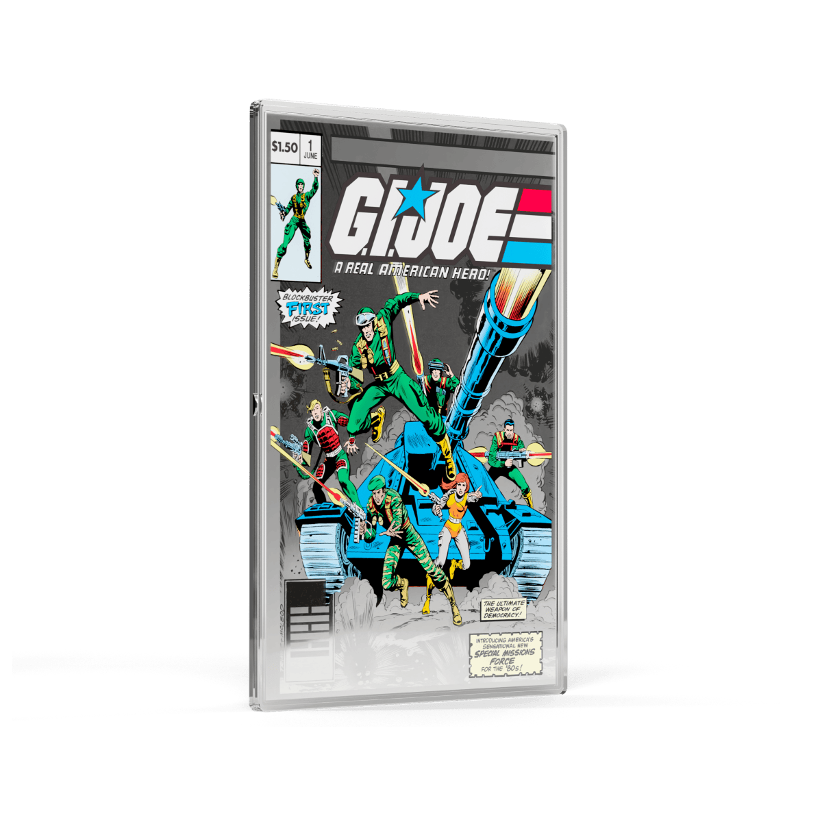 G.I. Joe comic book cover coin encased in a protective holder, featuring classic 1980s artwork with soldiers and tank from the iconic series.