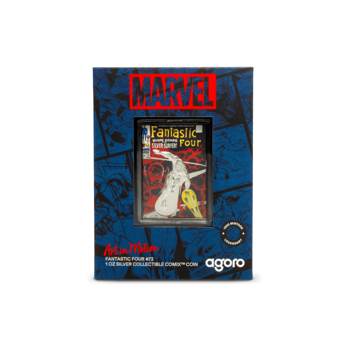Golden Age Marvel comic book cover with Silver Surfer art and collectible silver coin in protective case.