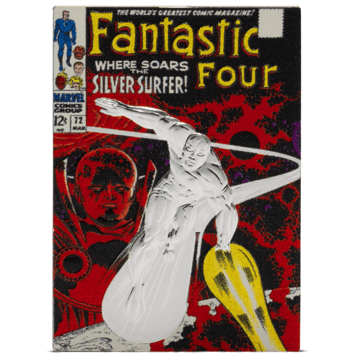 Fantastic four comic book cover featuring Silver Surfer, 12c, Marvel, vintage collectible coin, colorful design with vibrant red, black, yellow, and silver details.