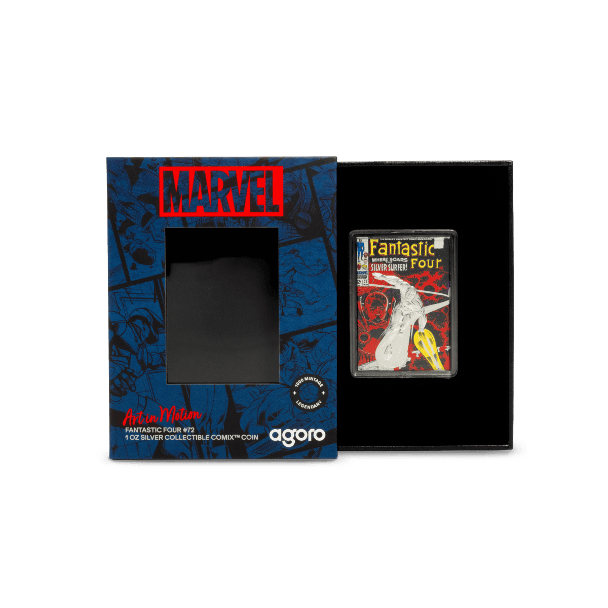Marvel Artin Motion Fantastic Four #72 1 oz silver collectible coin with comic artwork packaging and case.