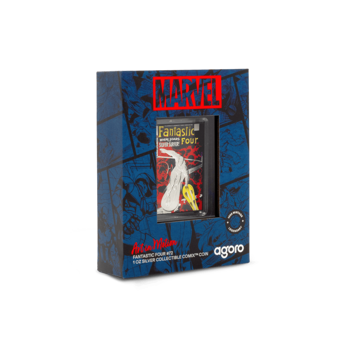 Detailed collectible silver coin featuring Marvel's Fantastic Four #72, part of AGORO's 1 oz silver comic series, depicting Artin Masion with vibrant graphic artwork in a blue and red themed packaging.